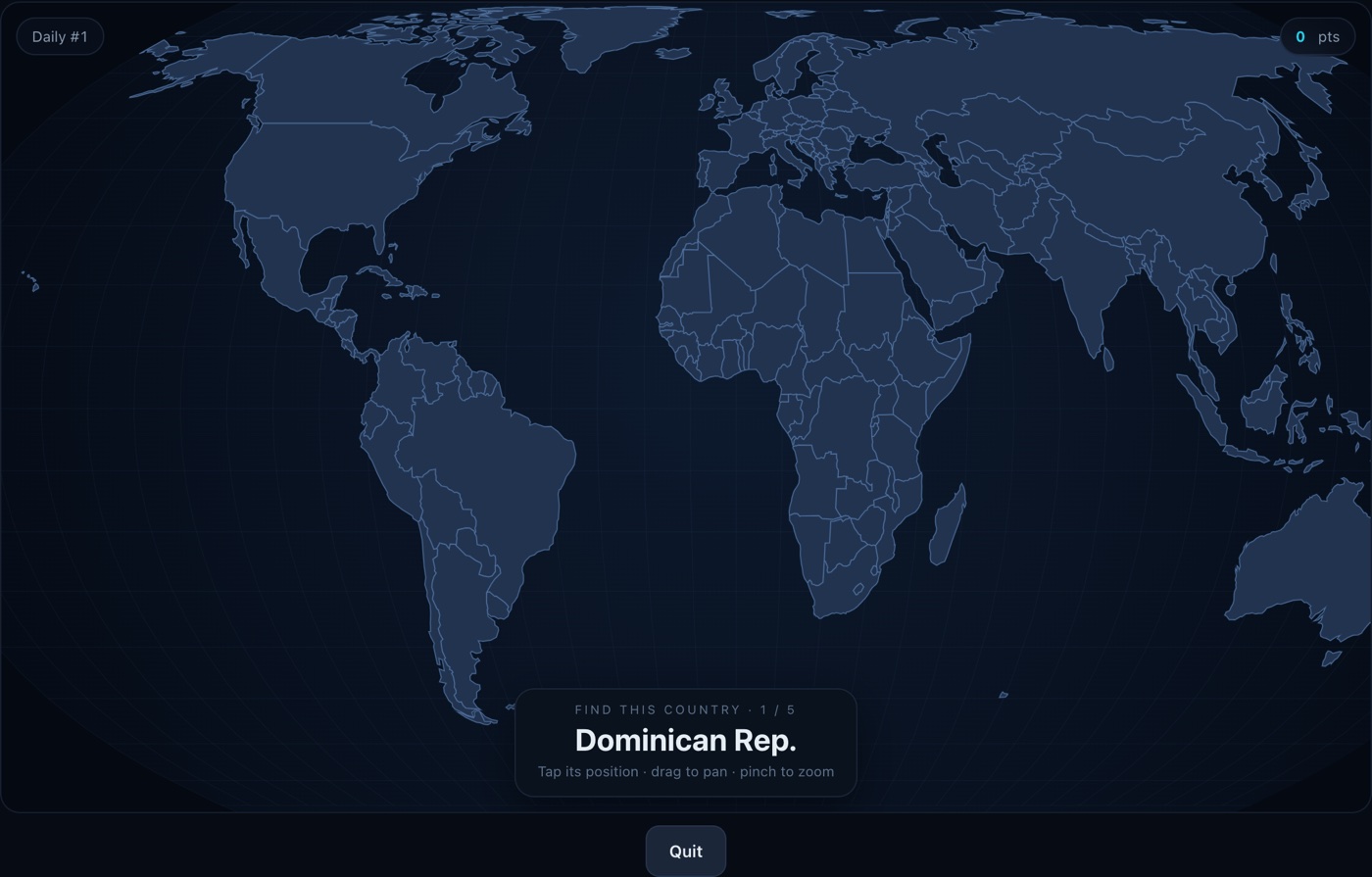 Borderline game in play: an unlabelled world map asks you to tap where a named country is