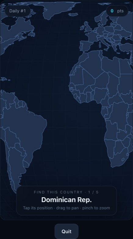 The Borderline game on a phone: the unlabelled map fills the screen and pans sideways